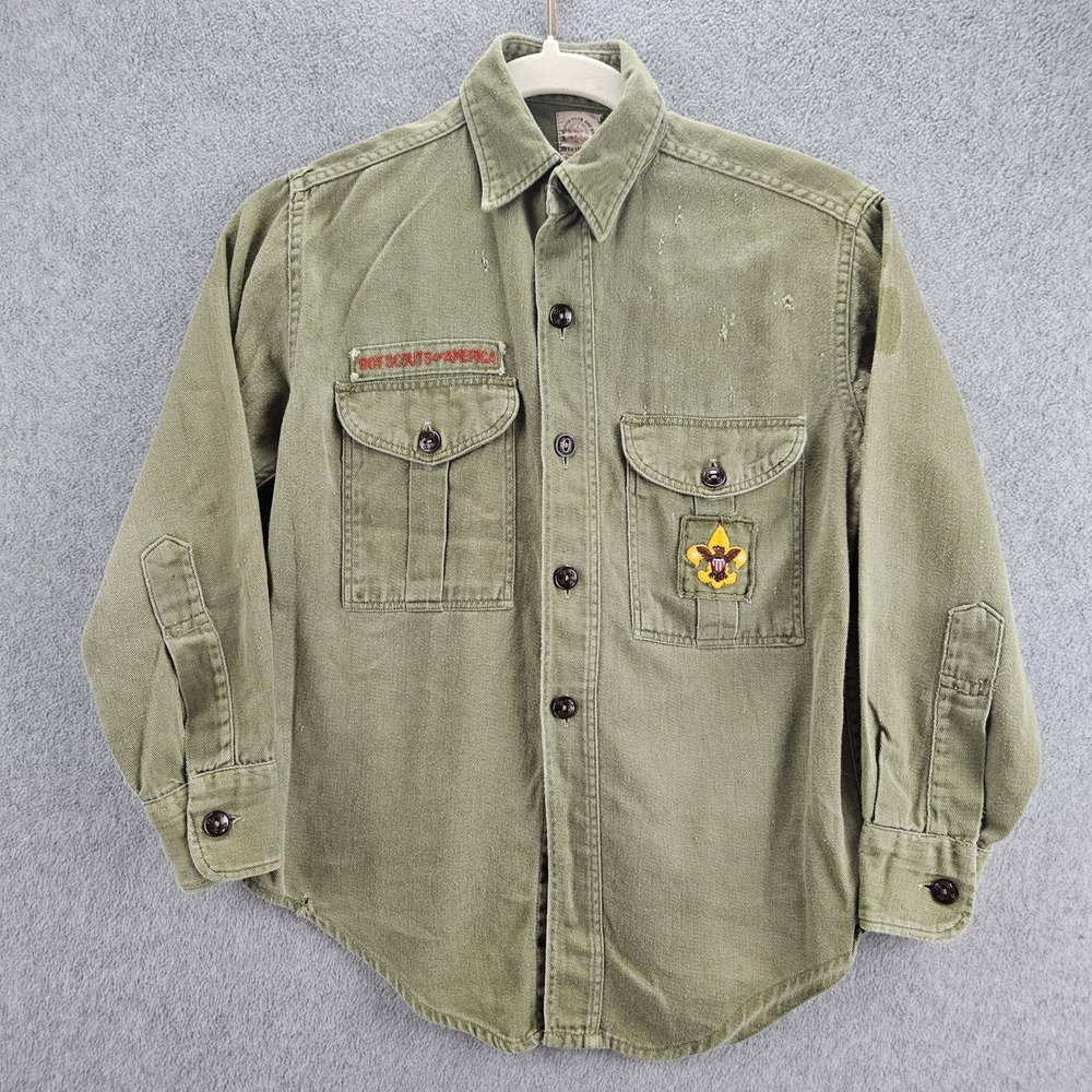 BOY SCOUTS OF AMERICA Shirt Boys S Green Vintage Distressed Uniform Utility